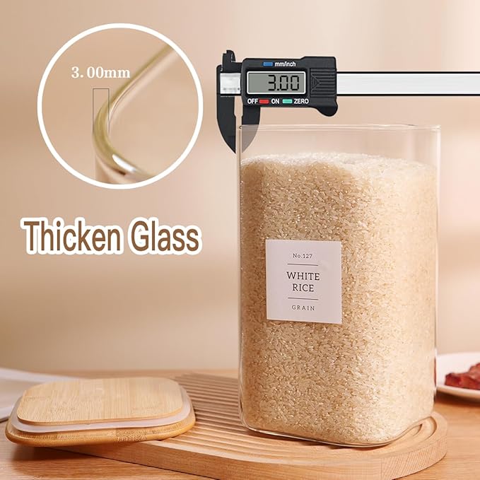 CZZGSM 2 Pack Square Glass Flour and Sugar Containers with 132 Kitchen Pantry Labels - Thicken 149 FL OZ Large Glass Storage Jars with Airtight Bamboo Lid - Big Food Canisters for Rice, Pasta, Cookie