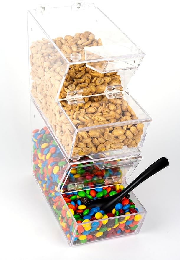 IneVibe Candy Bin Topping Dispenser - Acrylic Bulk Sprinkle Container w/Scoop, Stackable & Magnetic for Multiple Holders on Shelf - Commercial Setting for Cereal, Nuts, Candies & Snack Food Storage