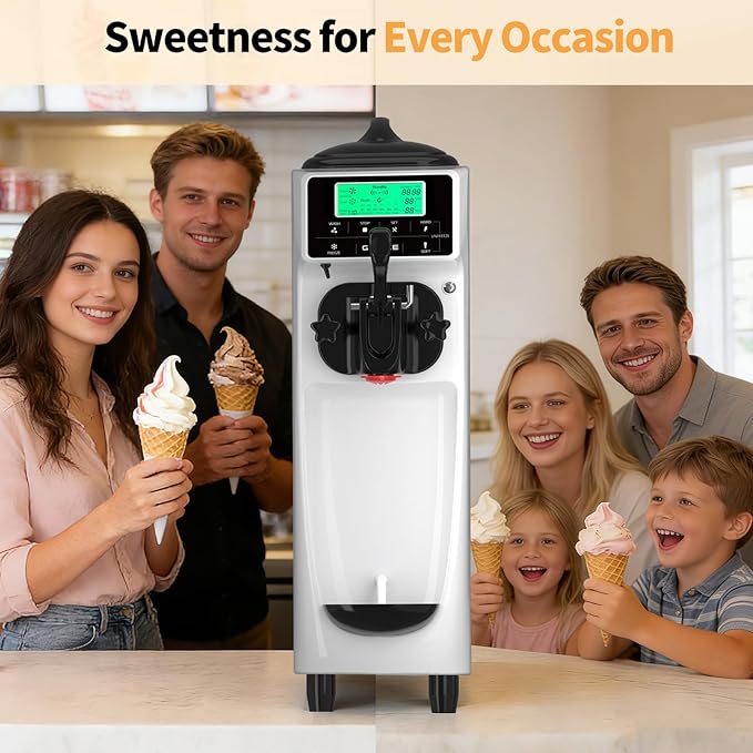 Ice Cream Machine – 3.5 Gals/H Single Flavor Ice Cream Maker 5 Inch Screen Soft Serve Ice Cream Machine with Pre-Cooling Soft Serve Machine with 1.6 Gals Tank for Home, Parties,Cafés,and School