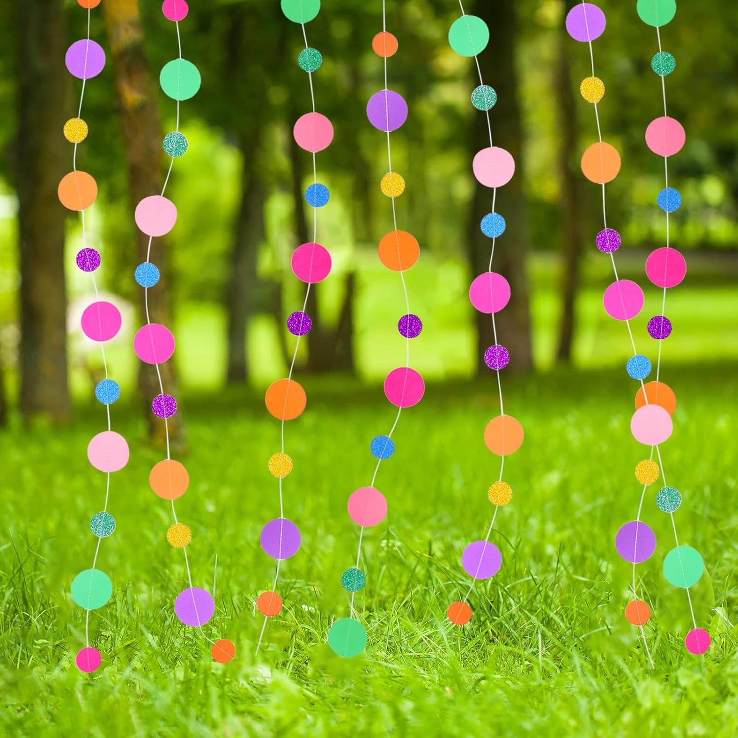 Outus 5 Pieces Colorful Dots Paper Garland Round Glitter Garland Hanging Confetti Streamers Backdrop Decoration for Birthday Classroom Candy Sprinkles Trunk or Treat Party (Rainbow)