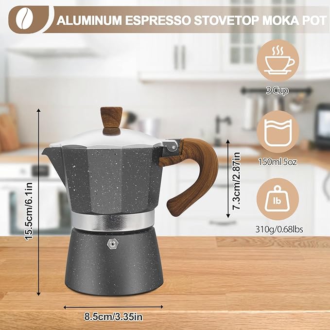 Aluminum 3 Cup 150ml Moka Pot Express Coffee Maker Stovetop Espresso Colorful Coffeemaker Italian Classic Style Brewing Greca Cafe Mocha Machine for Cafeteras Lover Camping Travel and Home Use 5oz