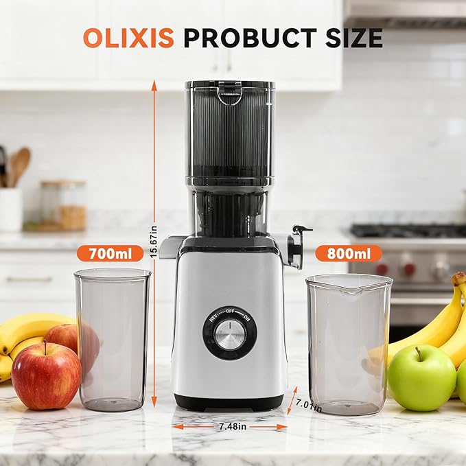 OLIXIS Cold Press Juicer, Masticating Juicer Machines with Wide Feed Chute, High Juice Yield and Easy to Clean for Whole Vegetables & Fruits, Silver