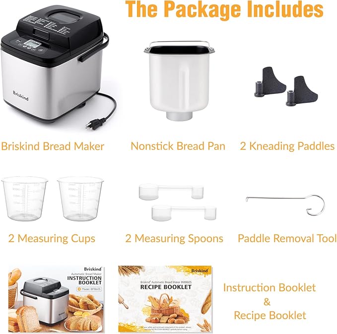 Briskind 19-in-1 Compact Bread Maker Machine, 1.5 lb / 1 lb Loaf Small Breadmaker with Carrying Handle, Including Gluten Free, Dough, Jam, Yogurt Menus, Bake Evenly, Automatic Keep Warm, 3 Crust Color