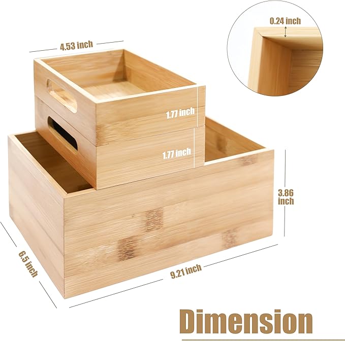 HOMESTEAD 3-Piece Stackable Bamboo Storage Box, Office Desk Organizer, Wooden Boxes for Makeup Drawer Organizer Bathroom, Office Supplies, Kitchen Utensils, Bamboo Storage Containers, Jewelry Tray