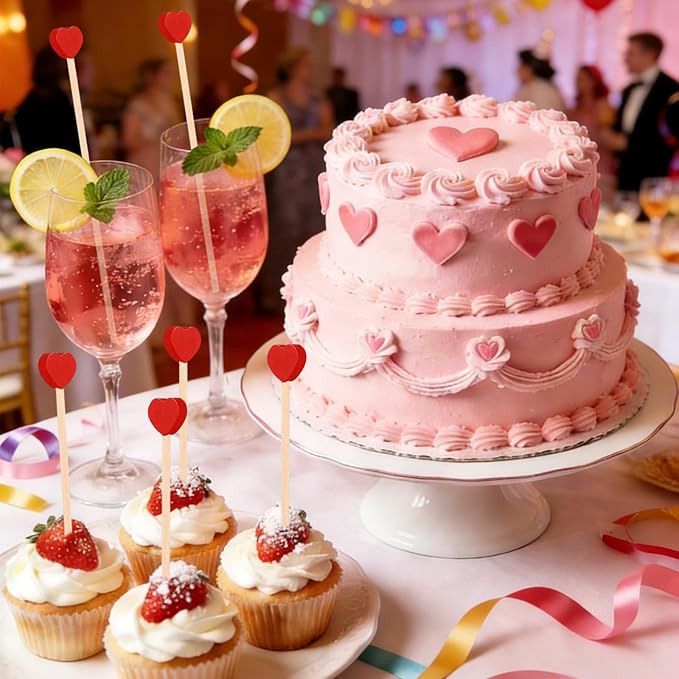 100 Pcs 6 Inch Red Heart Shaped Valentine's Day Wooden Swizzle Sticks, Cocktail & Coffee Drink Stirrers, Rock Candy Sticks, Cake Pop Sticks, Lollipop Sticks for Anniversary, Wedding Party