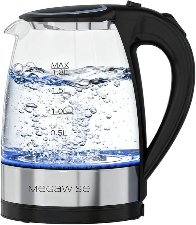 MEGAWISE 1.8L Healthy Electric Kettle, 1800W Borosilicate Glass Tea Kettle with Food Grade Material, Auto Shut-Off and Boil-Dry Protection Cordless Kettle Fast Boiling, BPA Free