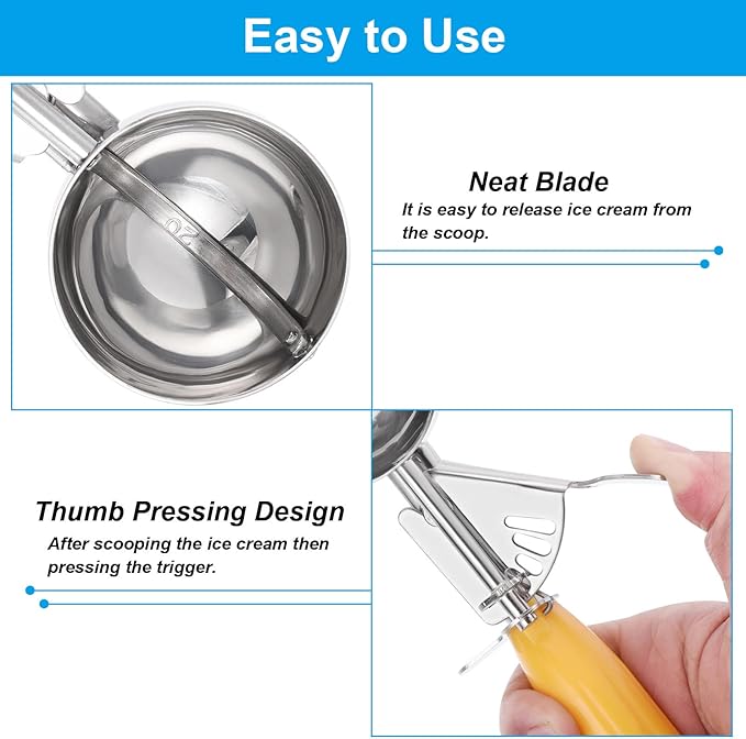 PATIKIL 1.6 Ounce Ice Cream Scoop with Trigger, Stainless Steel Portion Cookie Scoop with Thumb Trigger for Cookie Dough Cupcake Batter Baking, Yellow 48ML