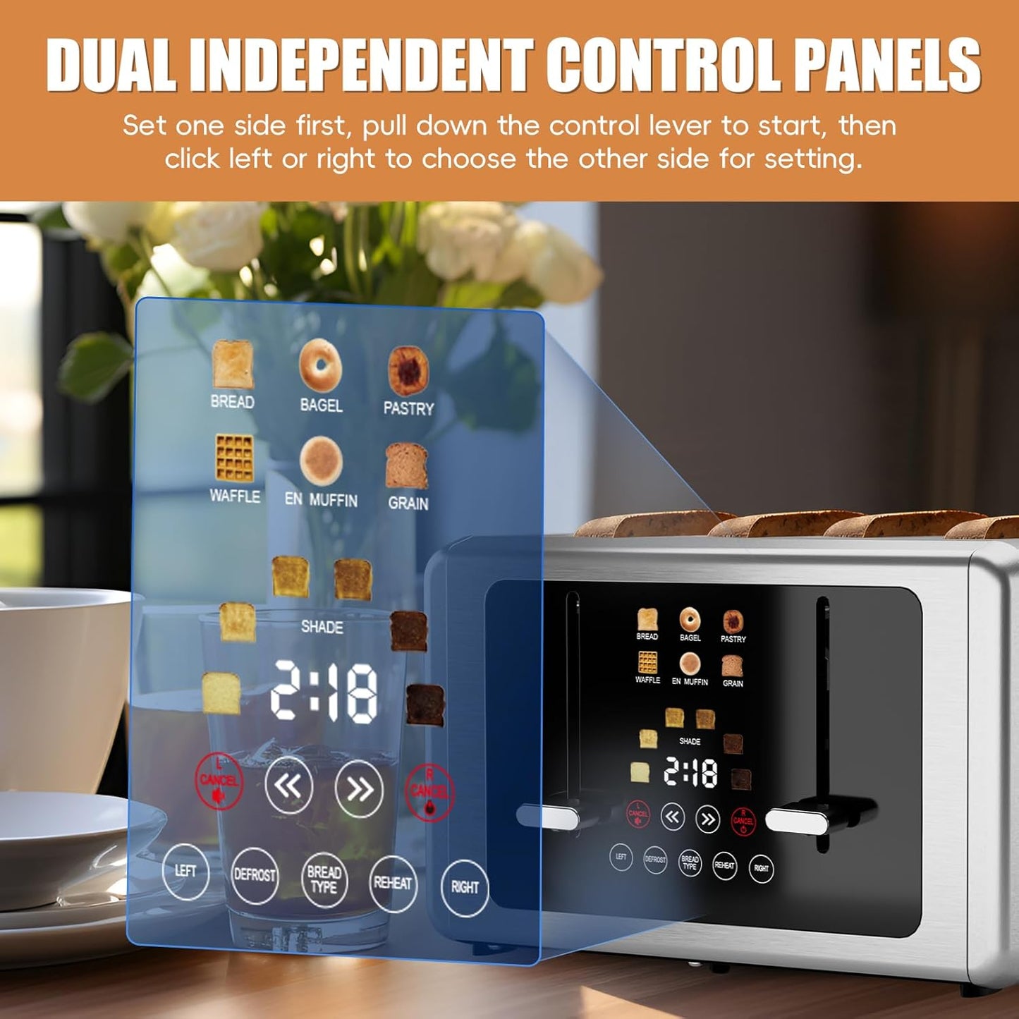 whall 4 Slice Touch Screen Toaster, Stainless Steel Toasters Digital Timer, Dual Control Panel Toasters，6 Shade Settings＆6 Bread Types, Smart Wide Slots, Bagel, Cancel, Defrost,Flat lever Silver