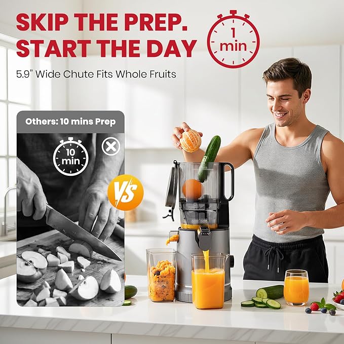 LAUDLIFE Cold Press Juicer Machine, 5.9" Wide Feed Chute Juice Extractor, 80 oz Large Hopper, Easy to Clean & High Juice Yield, BPA Free, Slow Masticating Juicer for Whole Fruits & Vegetables