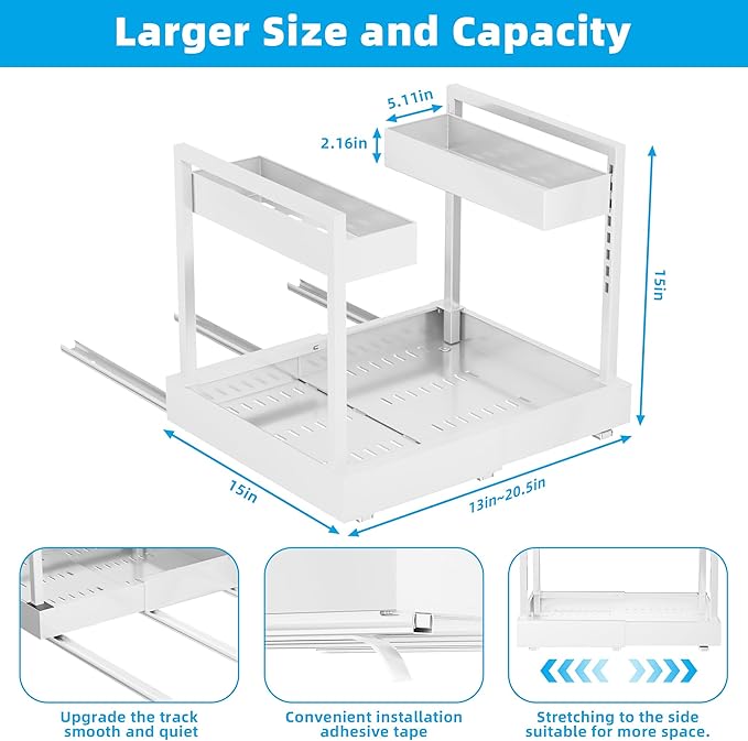 NEWMATIC Adjustable Under Sink Organizer Pull Out Drawers, 2-Tier Slide Out Cabinet Storage Shelf for Kitchen Sink, Height & Width Extendable White, 15''D x 13''-20.5''W x 15''H(1Pack)