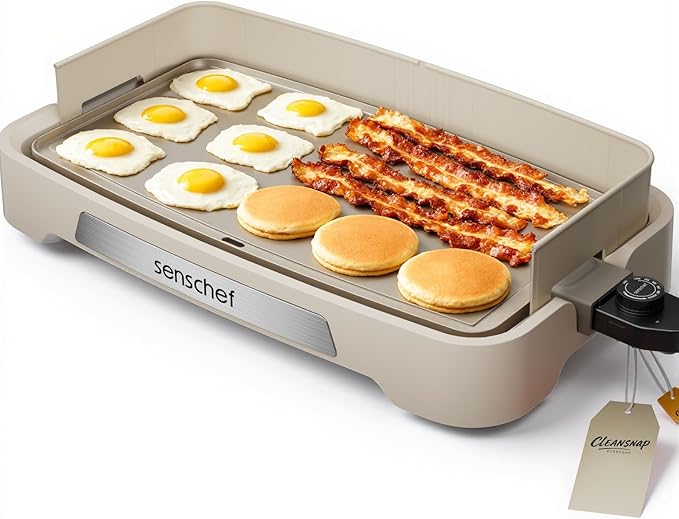 Cleansnap Everyday Electric Griddle, Great Gift for Family Feasts - 20” Nonstick Grill with Foldable Anti-Mess Shield, Rapid 1700W Hea & PPG Ceramic Coating, Dishwasher Safe, Vanilla Cream