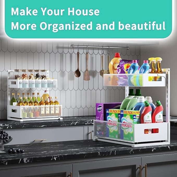 Petiza Under Sink Organizer Adjustable Height 2 Tier Bathroom Organizer Pull Out Cabinet Organer kitchen organizers and storage fridge organizers and storage,White,XL-1 Pack