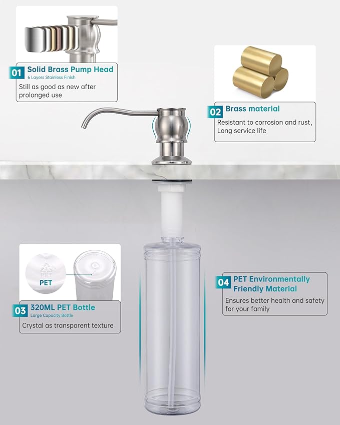 Built in Deck Mount Liquid Lotion Kitchen Countertop Metal Soap Dispenser, Brushed Nickel Brass Dispenser Pump with 47.2" Silicone Long Tube for 0.79 "- 1.38" High Capacity Bottle Mouths