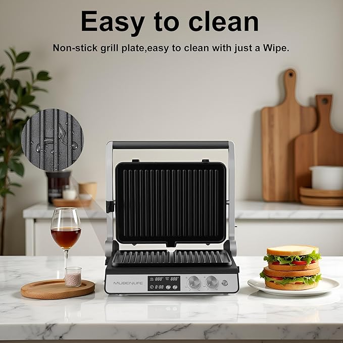 Panini Press,4 Slices Contact Grill with Removable Non-Stick Coated Grill and Flat Plates,Panini Makers with Temperature Control and Timer,Open 180 Degrees,Grill and Griddle (Half black with digital)