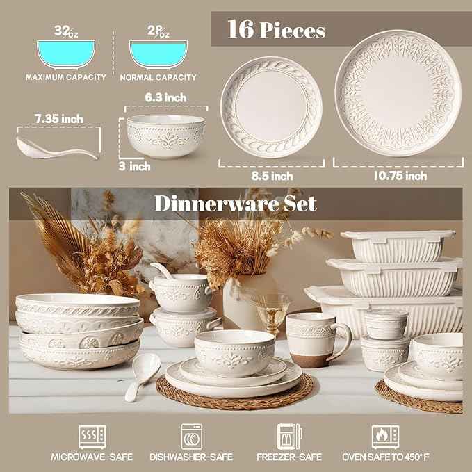Artena Plates And Bowls Sets, 16 Pieces Dinnerware Sets, Dish Set For 4, Ceramic Kitchen Bowl And Plate Set, Embossed White Dishware Sets, Dishwasher & Microwave Safe (Multiple Patterns)
