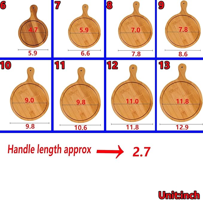 6 Pack Pizza Board Set – Premium Wooden Pizza Plates for Serving & Cutting, Round Bamboo Pizza Plate with Handle, Durable & Lightweight for Home & Restaurant (Up to 13 Inches),7inch