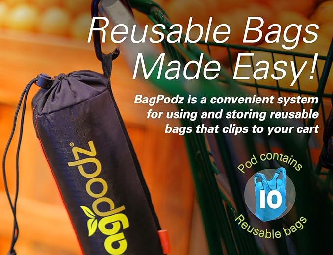 Sturdy Reusable Grocery Bags Foldable and Washable - Made From RipStop Nylon Hold 50lbs - Designed in USA Reusable Shopping Bags Inside a Compact Pod with Carry Clip - 10 Pack in Blue