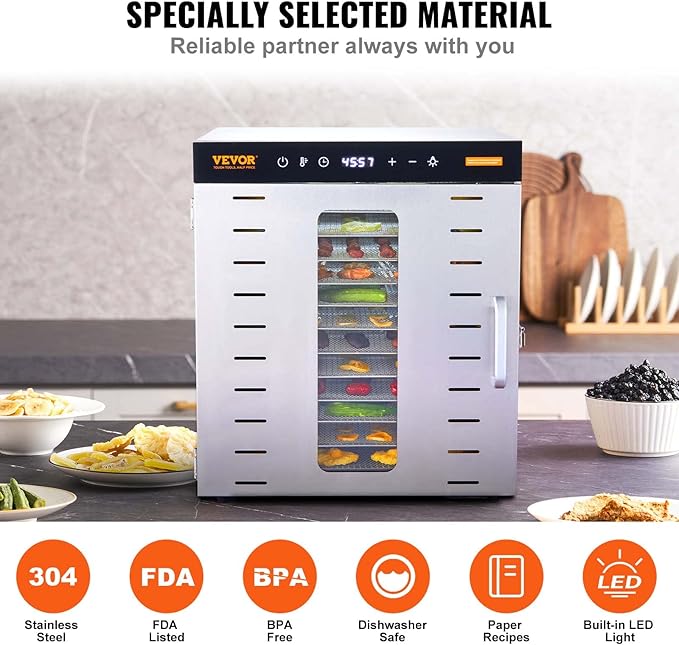 VEVOR Food Dehydrator, 10 Trays Stainless Steel Food Dehydrator Machine, 1000W Dehydrators with Digital Adjustable Timer & Temp, Dehydrator for Jerky Herb Meat Beef Fruit Dog Treats and Vegetables