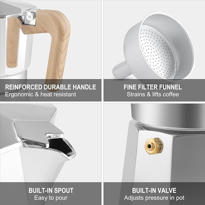 Sivaphe Aluminum Moka Pot 9 Espresso Cups, Percolator Espresso and Coffee Maker, Portable Stovetop Italian and Cuban Café Brewer for Home and Camping Sliver