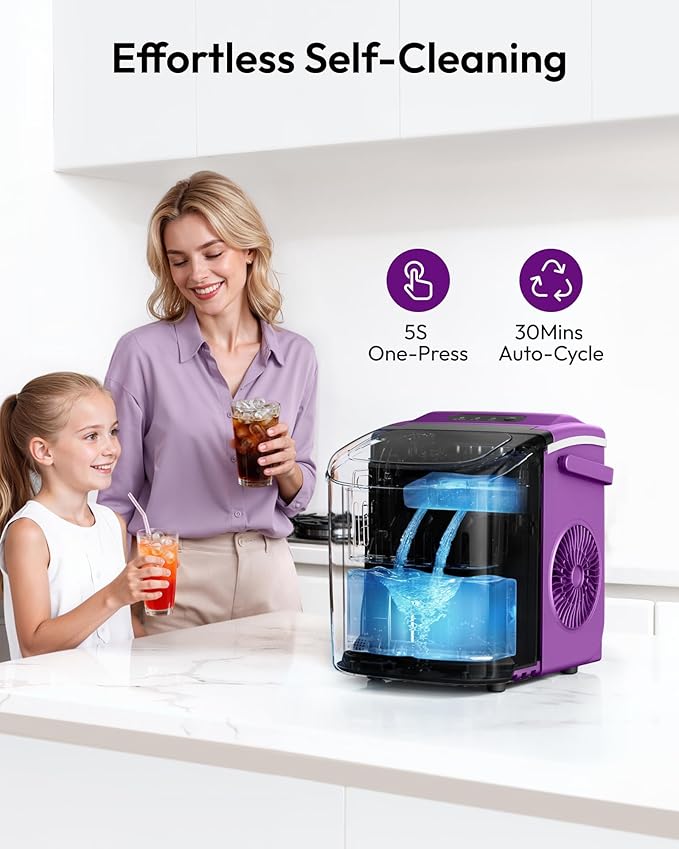 EUHOMY Countertop Ice Maker Machine with Handle, 26lbs Per Day, 9 Ice Cubes Ready in 6 Mins, Auto-Cleaning Portable Ice Maker with Basket and Scoop, for Home/Kitchen/Camping/RV (Purple)