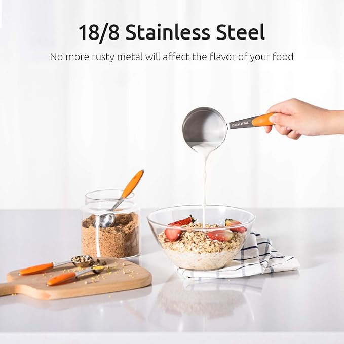U-Taste 10 Piece Measuring Cups and Spoons Set in 18/8 Stainless Steel, and 18/8 Stainless Steel 5.5 inch 30 Mesh Strainer (Orange)