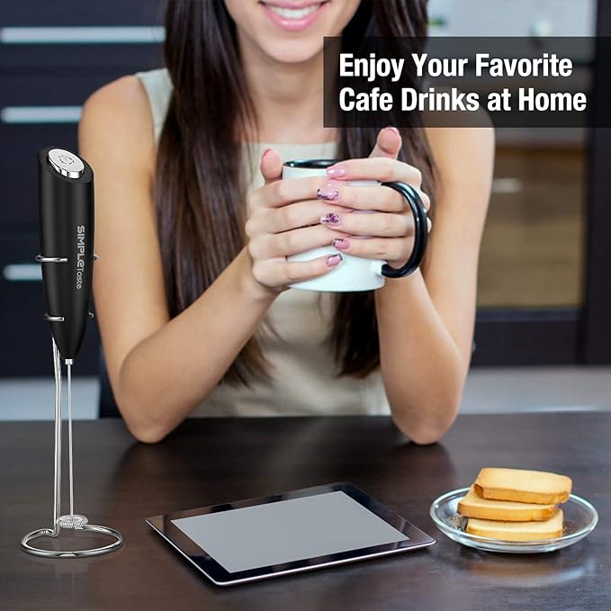 SIMPLETASTE Milk Frother Handheld Electric Foam Maker, Drink Mixer with Stainless Steel Whisk for Cappuccino, Bulletproof Coffee, Latte, Black, with Stand, Battery Operated