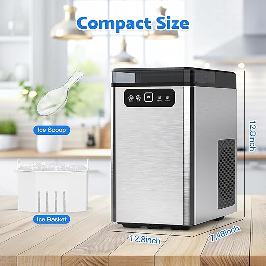 Nugget Ice Maker Countertop,Pellet Ice Machine Chewable Ice 40Lbs/Day,Ready in 5 Mins, Self-Cleaning,Compact Crushed Ice Maker with Scoop for Home/Kitchen/Office, Stainless Steel