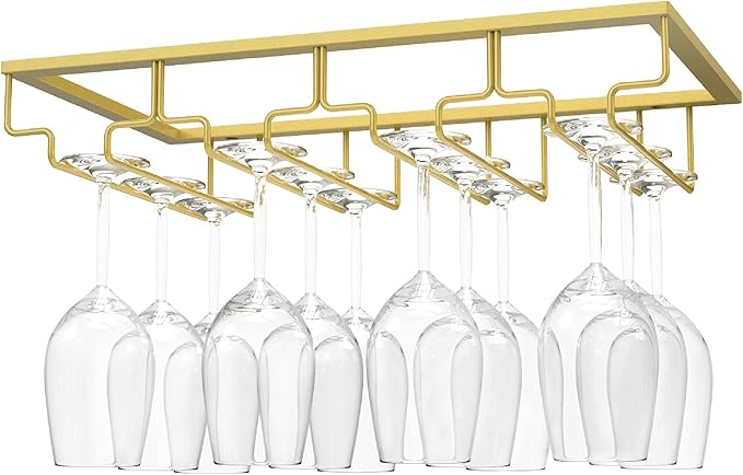 Nuovoware Wine Glass Rack, 4 Rows Wine Glass Holder Storage Hanger Metal Organizer Under Cabinet Stemware Rack for Bar Kitchen Cabinet, Nano Golden