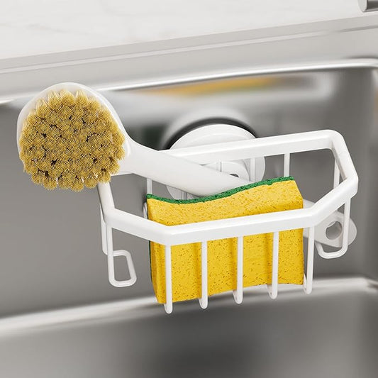 TAILI Sponge Holder for Kitchen Sink with Strong Suction Cup Removable, Rustproof Aluminum Sink Caddy for Sponge, Brush, Scrubber, Scraper White