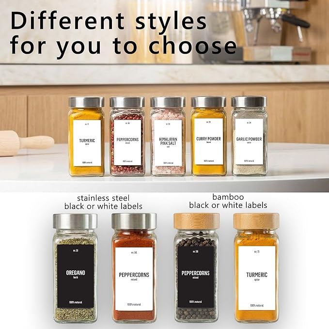Deco haus Glass Spice Jars with Label 36x4oz [WHITE LABELS incl] Spice Containers with Labels, Shaker Lids & Funnel - Empty Herb Seasoning Containers, Small Seasoning Bottles for Herb with Lid