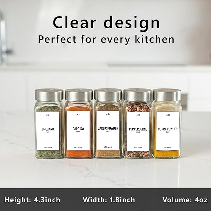 Deco haus Empty Glass Spice Jars with White Label 24x4oz [LABELS incl] Spice Containers with Labels, Shaker Lids & Funnel - Empty Herb Seasoning Containers, Small Seasoning Bottles for Herb