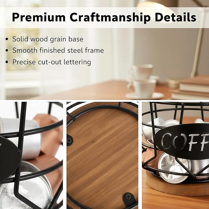 Coffee Pods Holder for Countertop, K Cup Holder Organizer, Sturdy Kcup Storage Basket with Wooden Base,Pod Capsule Container for Kitchen Bar Counter Office Desktop