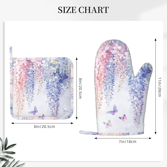 Oven Mitts and Pot Holders Botanical Flower Butterfly Silicone Kitchen Accessories Set of 4 Heat Resistant Long Gloves Potholder Non-Slip Grip for Chef Cooking Baking Grilling BBQ