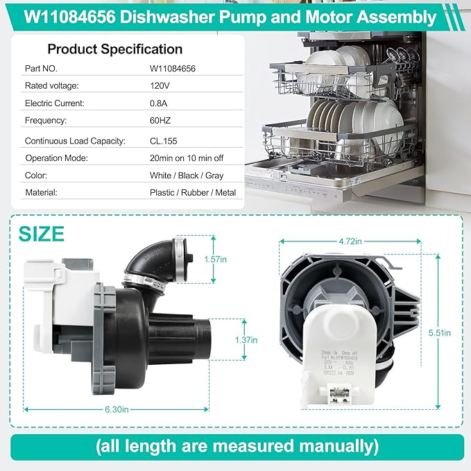 Upgraded W11084656 Circulation Pump for Whirl-pool Ken-more Kit-chen aid Ama-na Dishwasher fit WDT730PAHZ0 WDT750SAHZ0 WDTA50SAHZ0 Dishwasher Pump Motor Assembly Replacement Part W10854710, W10805387