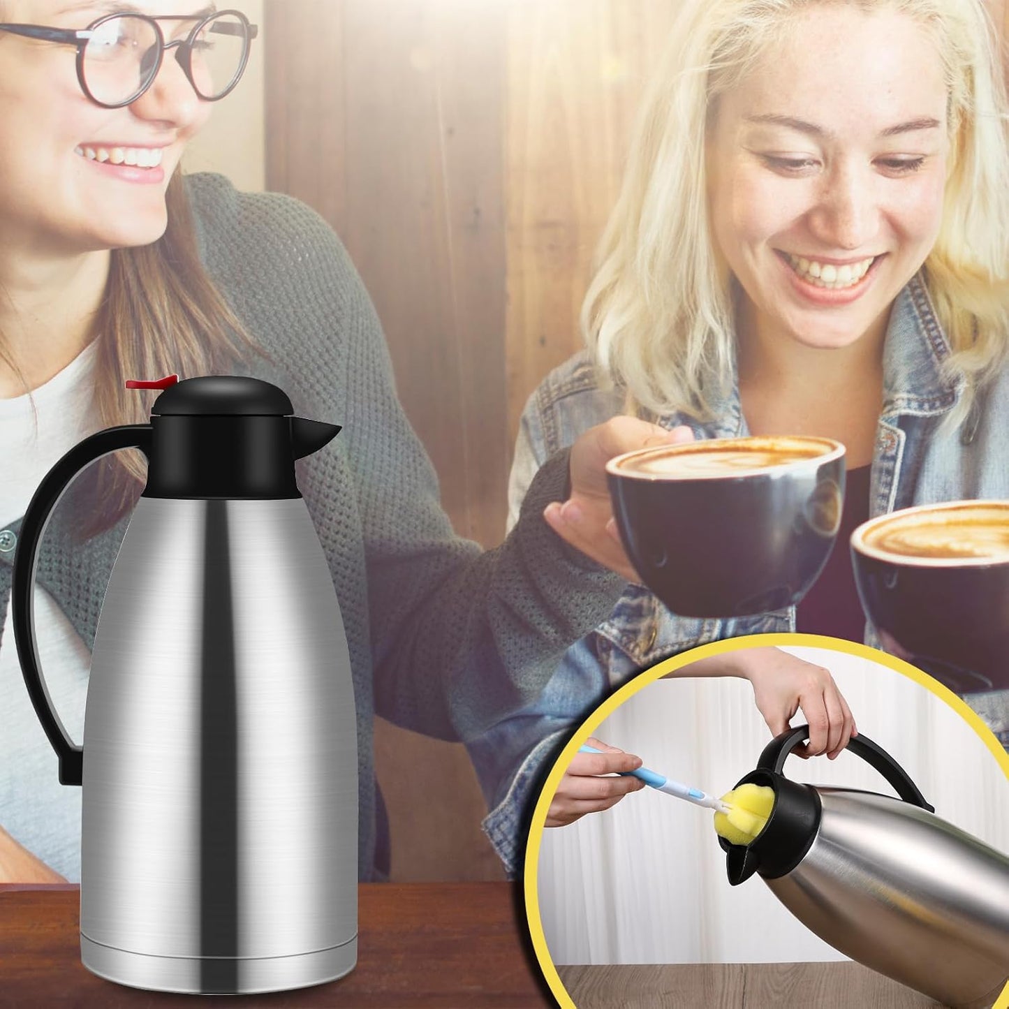 Nuogo 2 Pcs 102 oz Thermal Coffee Carafe Insulated Stainless Steel Carafe Double Walled Vacuum Coffee Thermal Pot with Brush for Home Office Use Keep 24 Hours Hot Water Tea(Silver)