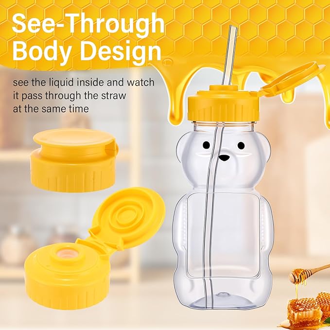 Thenshop 64 Pcs 6 oz Honey Bear Bottle and 64 Pcs Straws Plastic Honey Bear Straw Cup Honeybear Squeeze Jars Cute Empty Bottle for Syrup Sauce Juice Storing and Dispensing