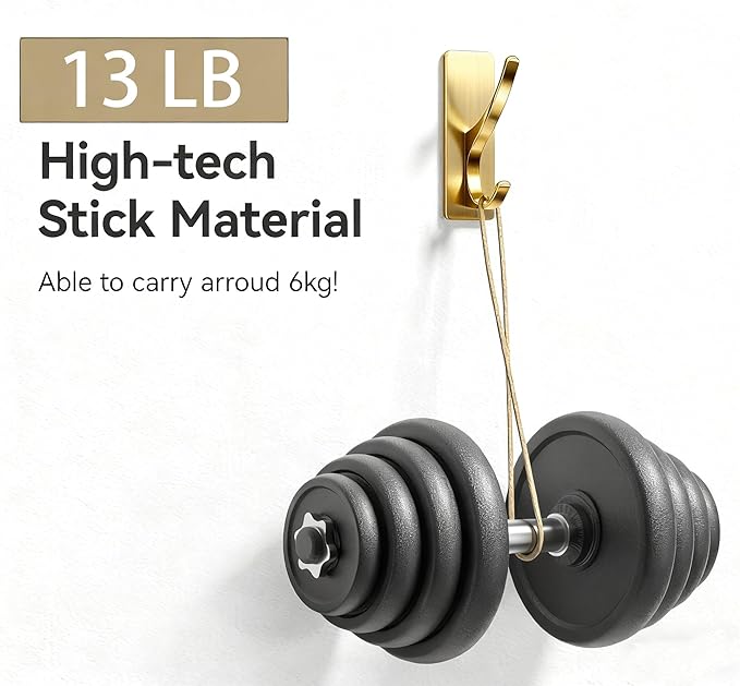 pickpiff Brushed Gold Self Adhesive Coat Hooks for Hanging: 13LB Extra Strong Stainless Wall Hook for Towel, Utensil, Backpack, Hat, Sturdy Metal Hanger for Bathroom, Kitchen, Door, 6-Pack