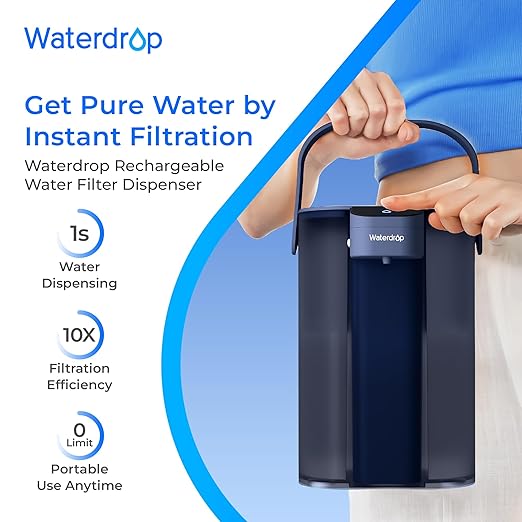 Waterdrop Electric Water Filter Pitcher, Rechargeable Water Dispenser, Instant 200-Gallon 15-Cup Countertop System, NSF/ANSI 401&53&42&372, Reduce PFOA/PFOS, Lead, Chlorine, Blue, Does not Lower TDS