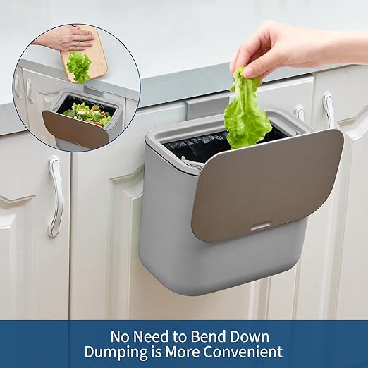 Hanging Kitchen Trash Can with Lid - 1.8 Gallon Small Compost Bin for Cabinet Door, Under Sink - Odor-Sealing Stainless Steel Top Food Waste Bin for RV, Bathroom, Office - Indoor Recycling Bin