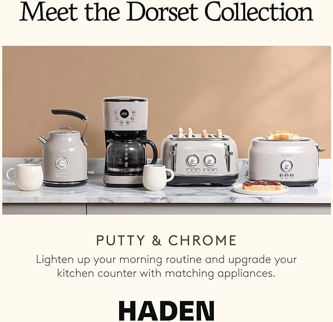 Haden Dorset 2 Slice Wide Slot Stainless Steel Toaster Bundled with 1.7 Liter Stainless Steel Electric Kettle with 360-Degree Base, Putty & Chrome