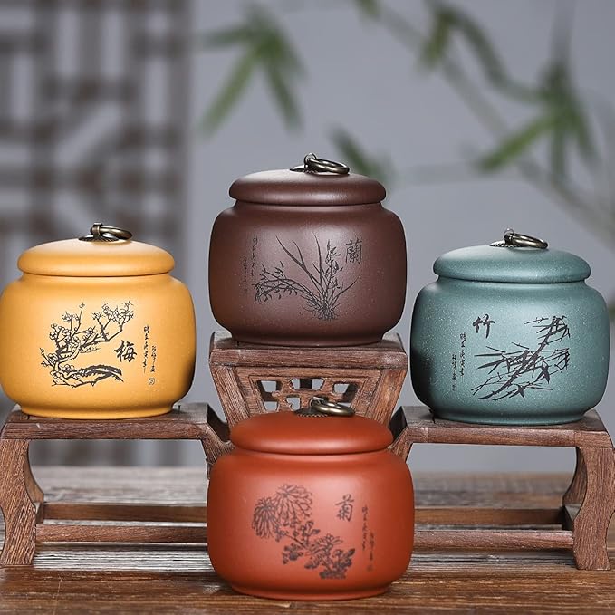 Yixing Clay Jar 17.5 Oz,Zisha Loose Leaf Tea Storage Canister Pot,Keep Bulk Tea Tidy and Fresh -Green, Bamboo