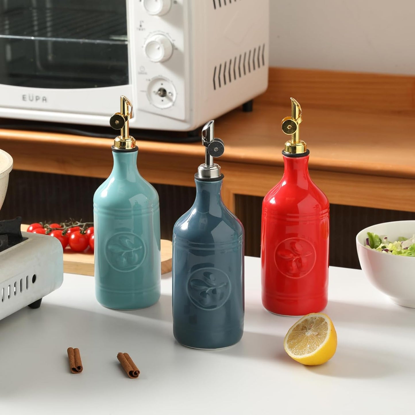 Sweejar 16 Oz Ceramic Olive Oil Dispenser Bottle, Oil Dispenser for Kitchen with Gravity Spout, Relief Opaque Oil Container for Evoo, Avocado Oil, Vinegar, Soy Sauce, 1 Pack(Red, Silver Spout)
