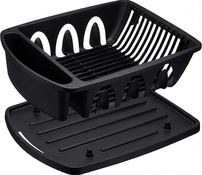 Tribello Sink Dish Drying Rack, Heavy Duty Hard Plastic Drying Rack, Dish Drainer for Kitchen Counter with Drainboard Set, with Silverware Holder - 18 x 13 x 6 (Black) - Made in USA