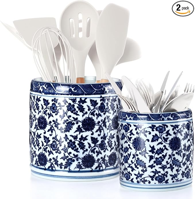 2 Pcs Blue and White Kitchen Utensil Holder 5"+6.1" Ceramic Kitchen Cooking Holder for Countertop Large Utensil Crock for Home Decor Parties Chinoiserie Blue