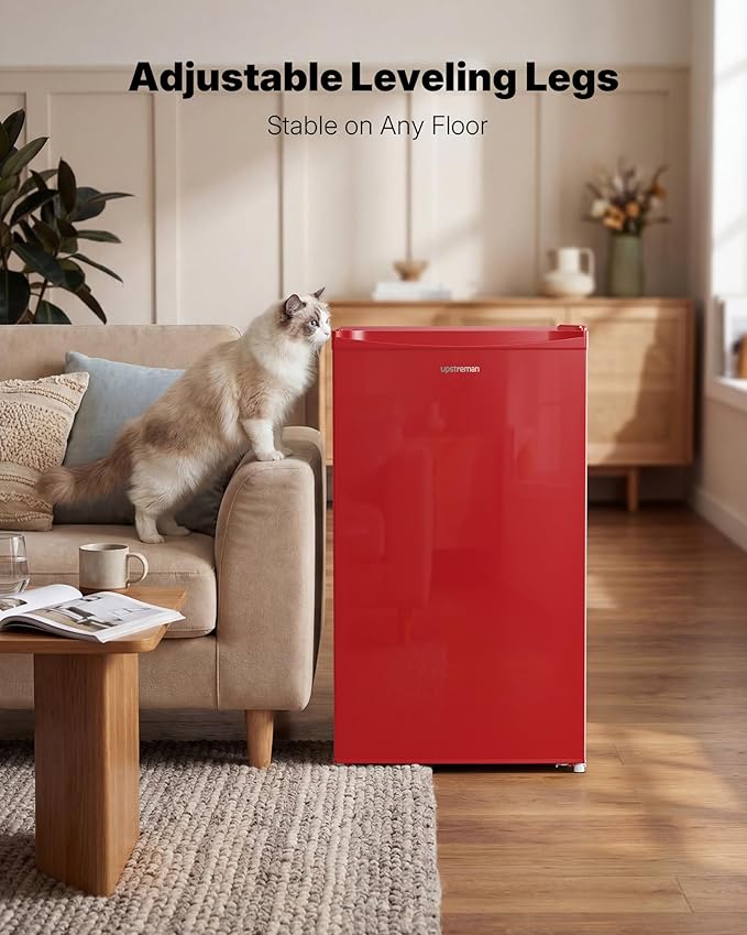 Upstreman 3.2 Cu.Ft Mini Fridge with Freezer, Single Door, Dorm Fridge, Adjustable Thermostat, Refrigerator for Dorm, Office, Bedroom, Red-BR321