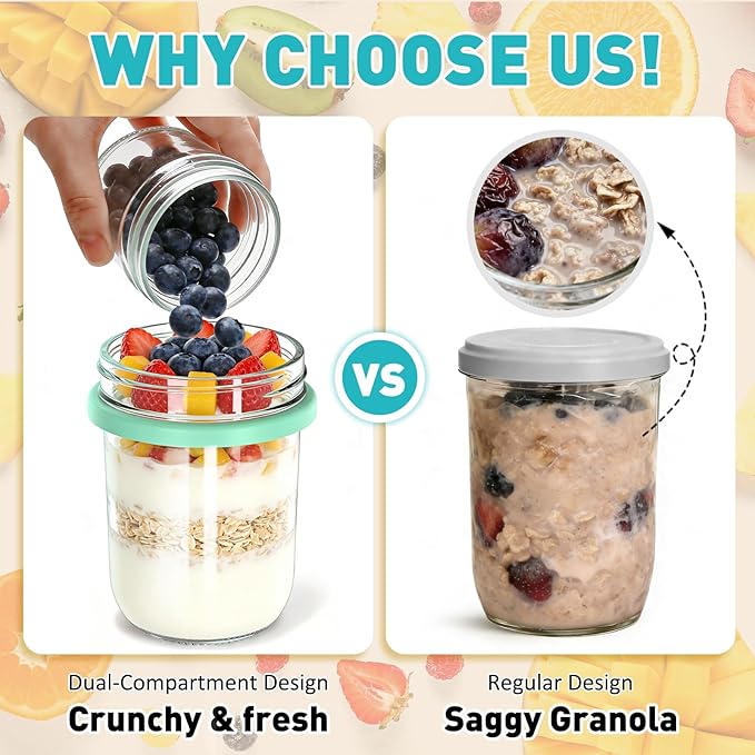 4 Pack Overnight Oats Containers with Lids and Spoons, 20 oz (16+4) Overnight Oats Jars, Glass Mason Jars with Dry and Wet Separation for Oatmeal Salad Yogurt, Dual-Layer Yogurt Containers with Lids