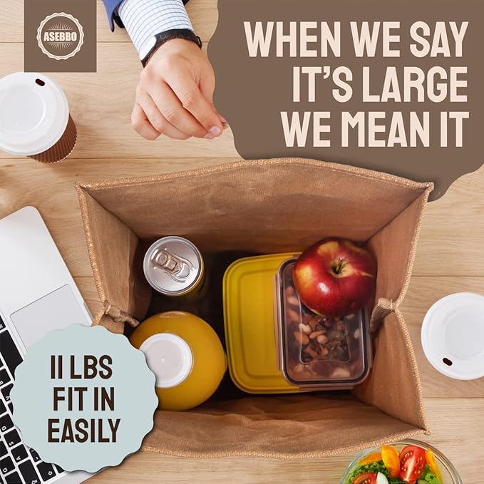 ASEBBO Waxed Canvas Lunch Bag – Reusable Insulated Paper Bag-Style Lunchbox for Adults – Leakproof & Durable Sack Lunch Box for Work, Picnic & Travel – Stylish Brown Bag Cooler with Shoulder Strap