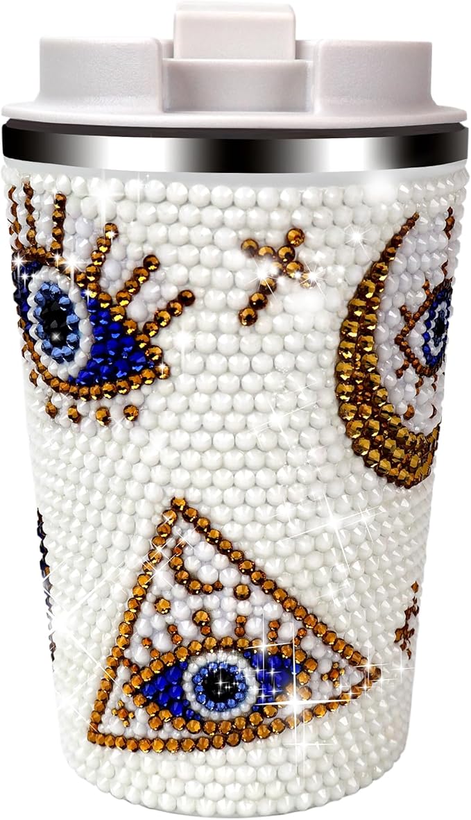 380ml Stainless Steel Sparkle Rhinestone Decorate Evil Eyes Tumbler,White Diamond Decorate Evil Eyes Students'/Auto Mug(White)