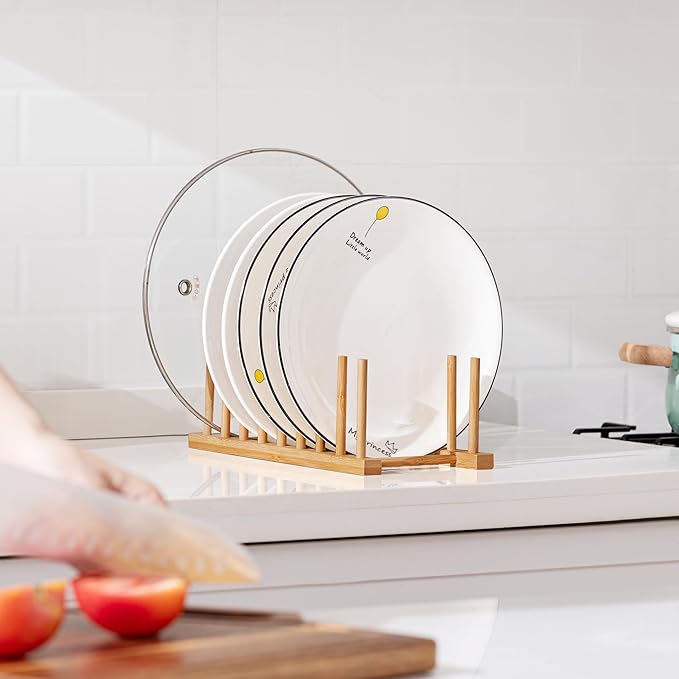 HBlife Heighten and Widen Bamboo Dish Drying Rack Plate Bowl Cup Book Pot Lid Cutting Board Stand Drainer Storage Holder Organizer for Kitchen Cabinet