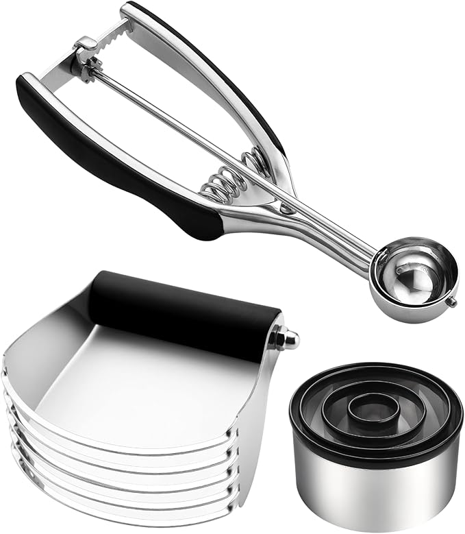 Spring Chef Multifunctional 0.6 Tablespoon Extra Small Cookie Scoop, #100 & Large Dough Blender & Biscuit Cutter Set - 2 Product Bundle - Black